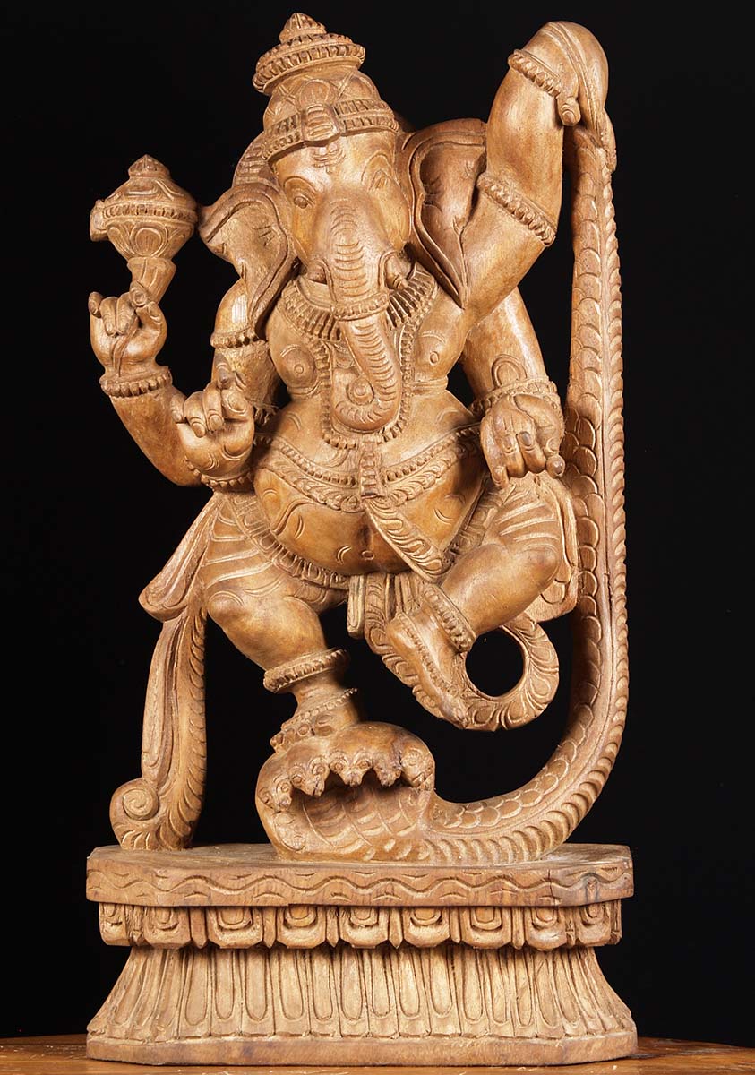 Wood Ganesh Dancing On Serpent 24"